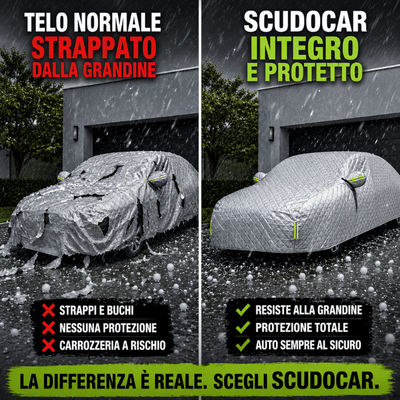 Confronto: telo normale danneggiato dalla grandine contro ScudoCar integro
