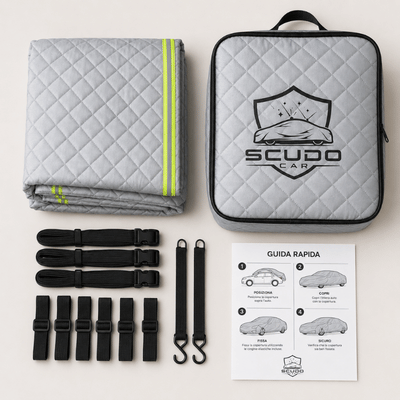 Kit completo ScudoCar: telo, borsa da trasporto, fascette elastiche e guida rapida